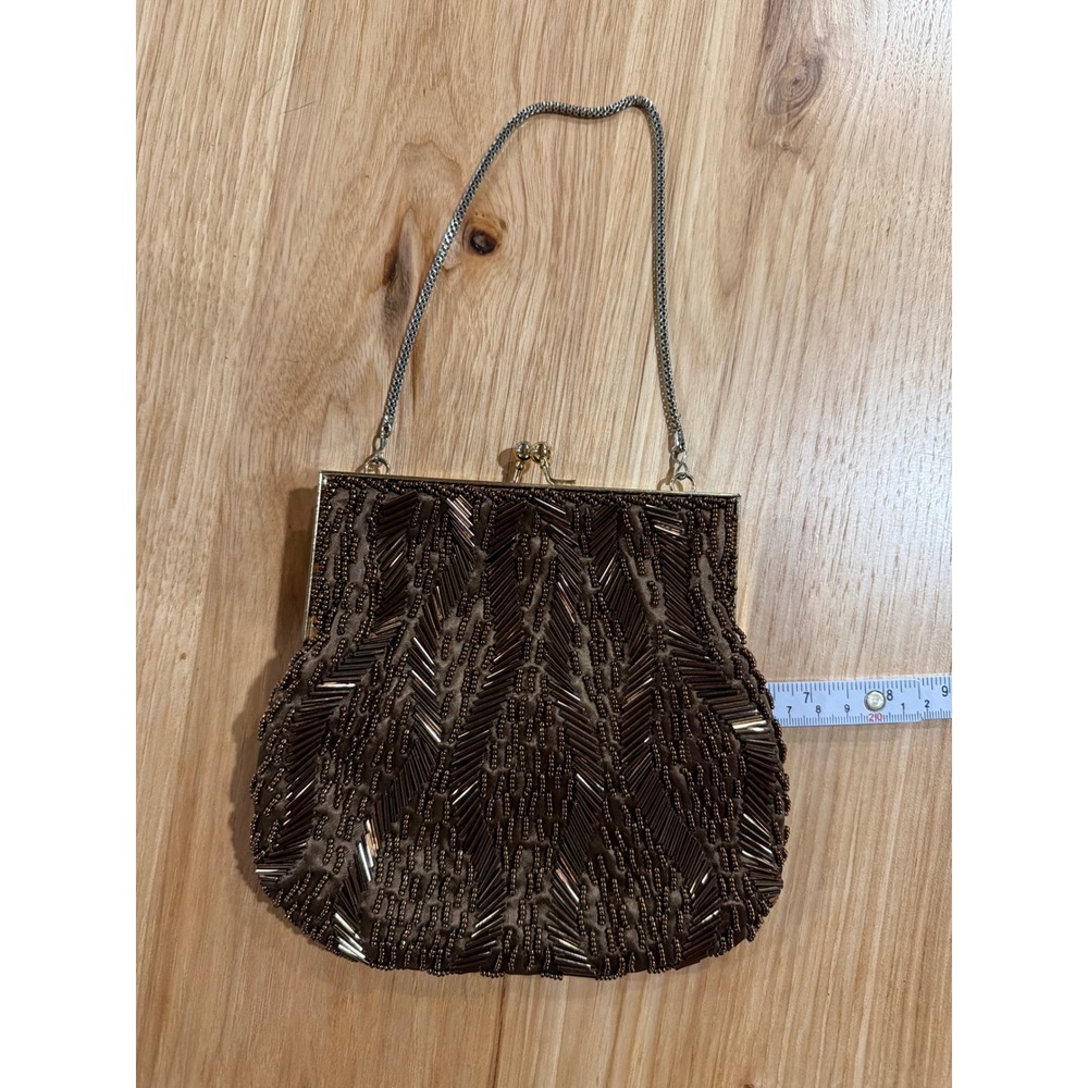 Vintage Brown Beaded Evening Bag Chevron Kiss Lock Clutch Chain Strap Gatsby GLM